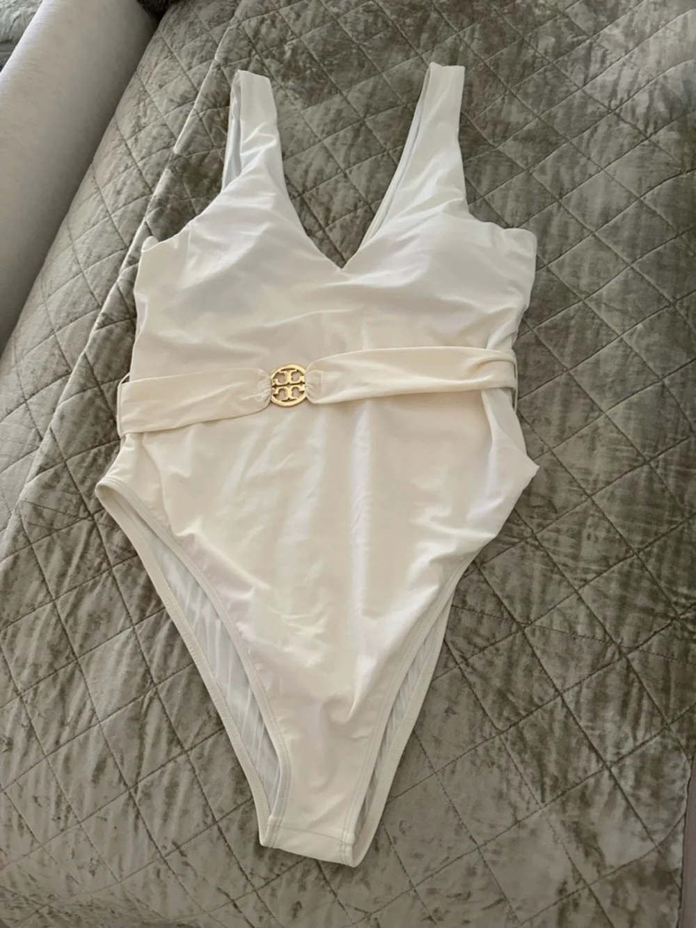 Tory Burch Cream One-Piece Swimsuit with Gold-Tone Logo Belt